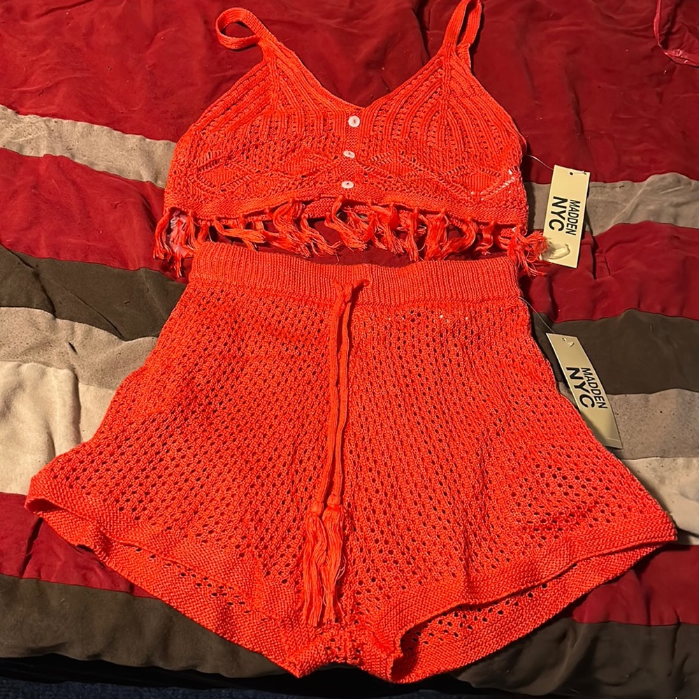 Cropped crochet tank with Fringe bottom and drawstring crochet shorts